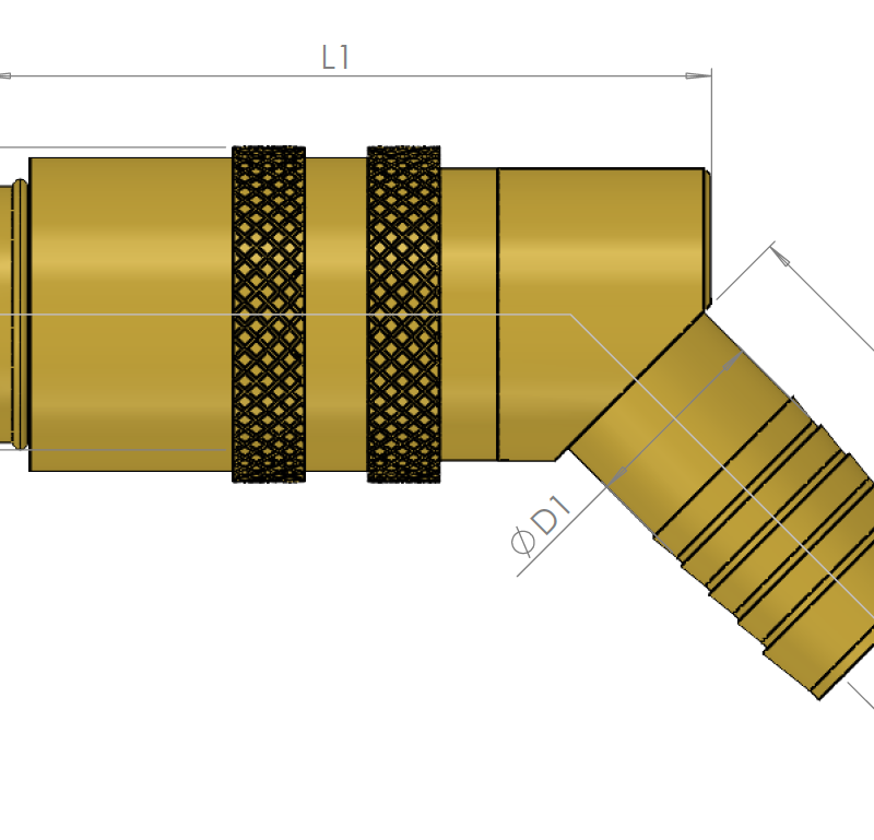 Pikaliitin letkukaralla, venttiilillä 45°