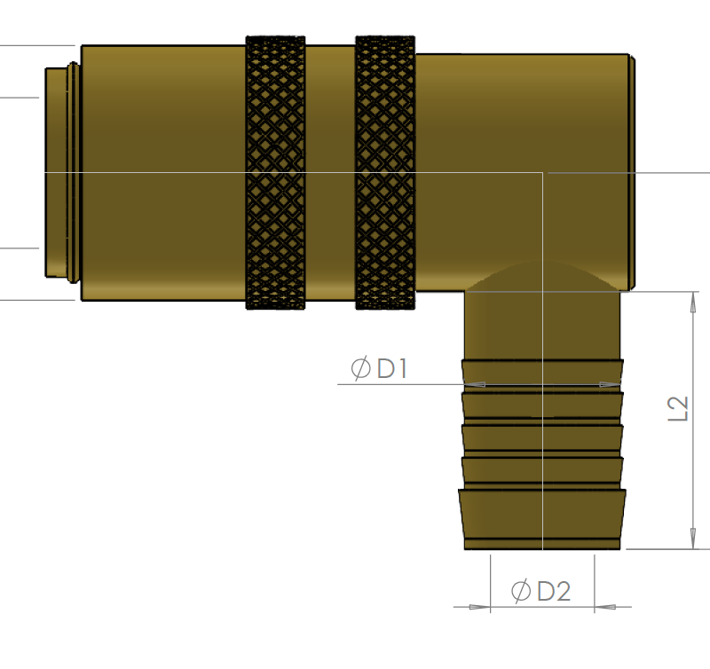 Pikaliitin letkukaralla, ilman venttiiliä 90°